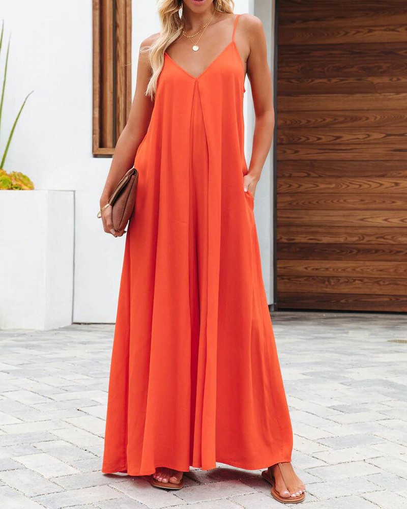 Women's Sleeveless Wide-Leg Jumpsuit with Pockets Solid Casual