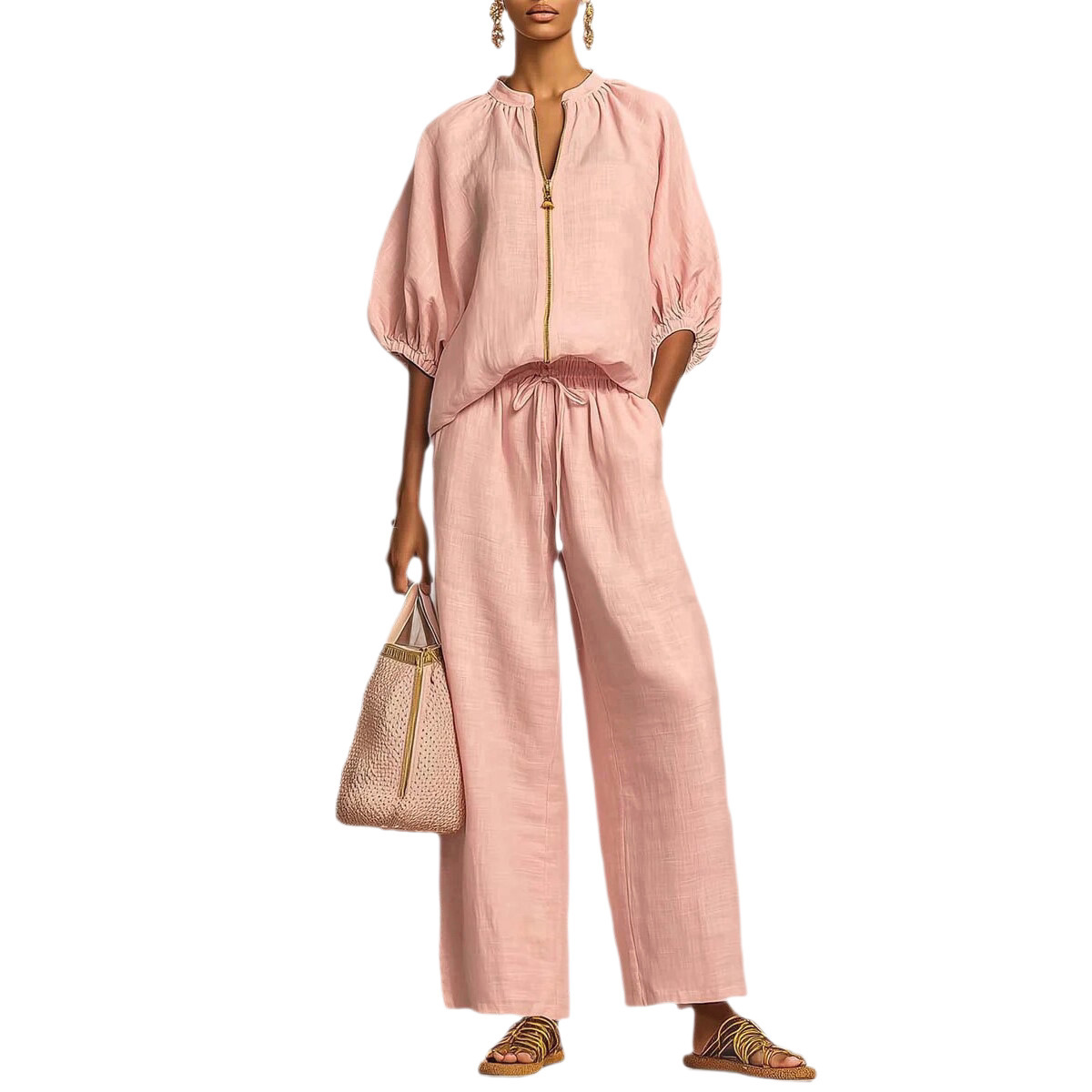 Women's Casual Solid Color Zip-Up Wide-Leg Pants Set