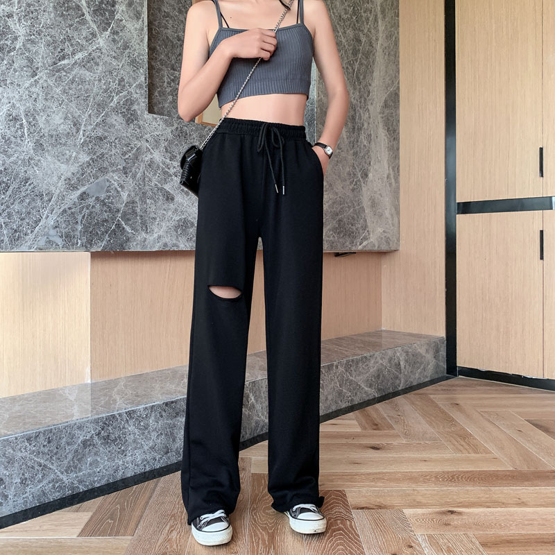 Distressed Gray Wide-Leg Sweatpants for Women High Waist Straight-Leg