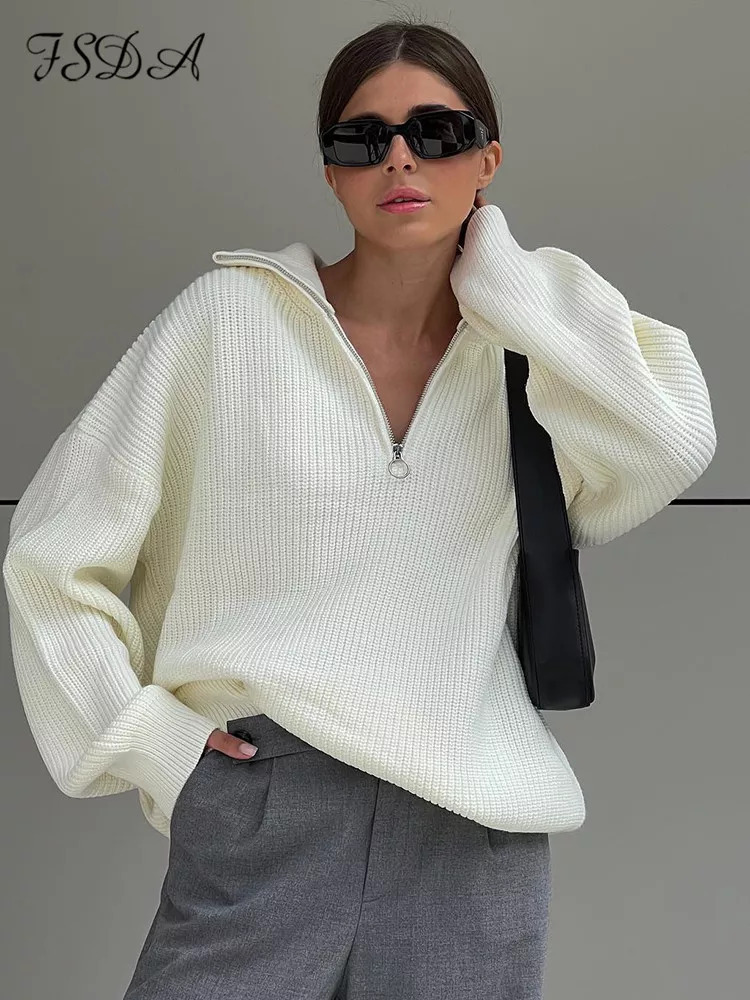 Women's V-Neck Zip Loose Knit Sweater