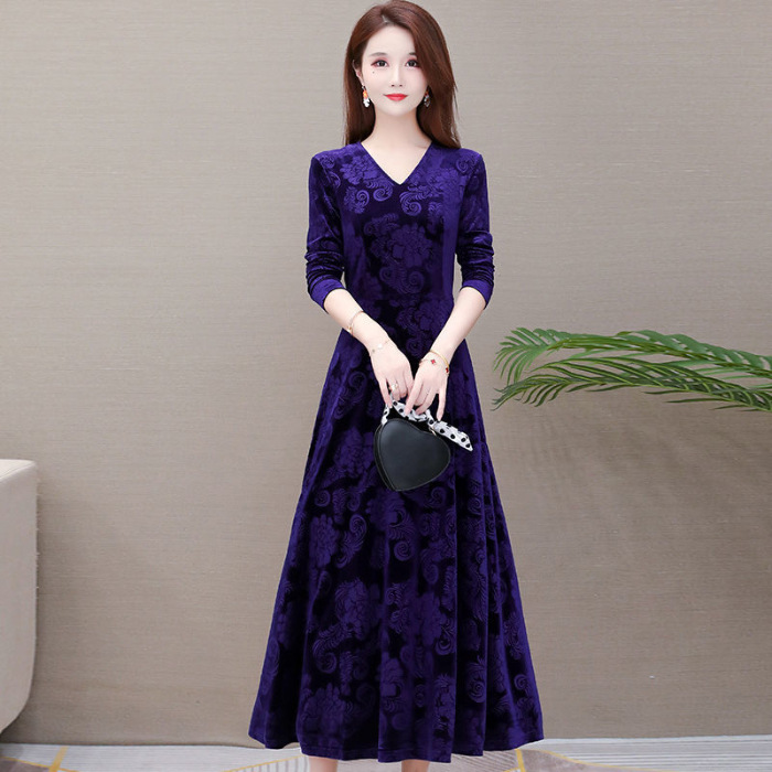 Velvet V-Neck Long Sleeve A-Line Maxi Dress