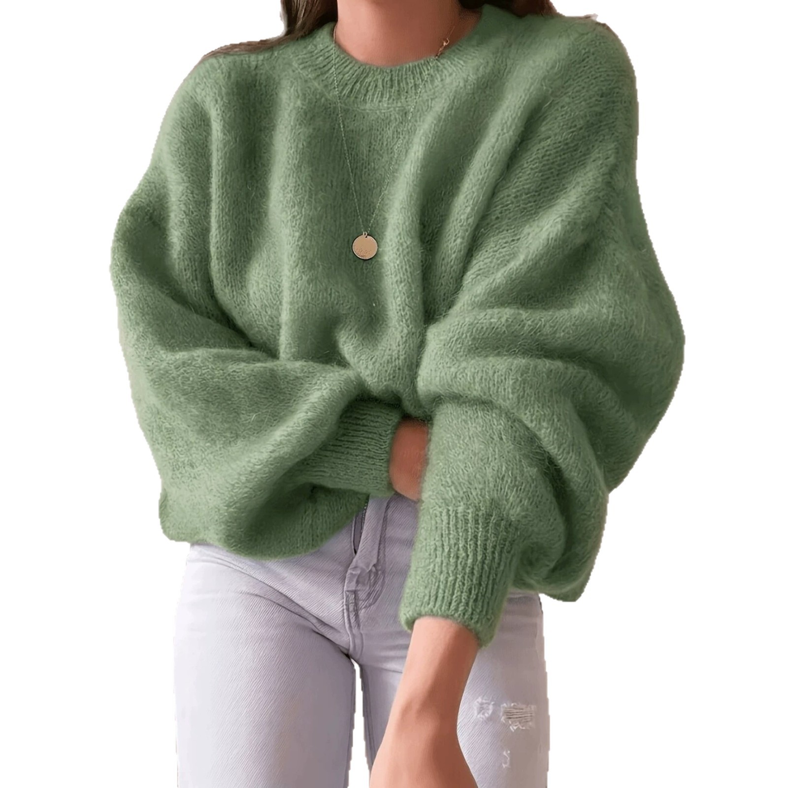 Women's Solid Color Lantern Sleeve Knit Pullover Sweater Loose Fit