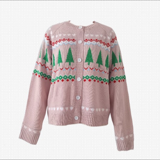 Women's Pink Christmas Tree Jacquard Knit Cardigan Long Sleeve