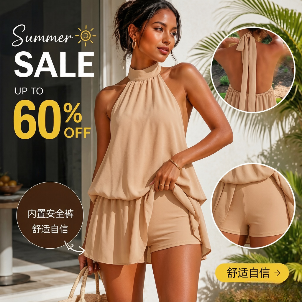 Women's Halter Open-Back Tie Chiffon A-Line Mini Dress with Built-in Shorts