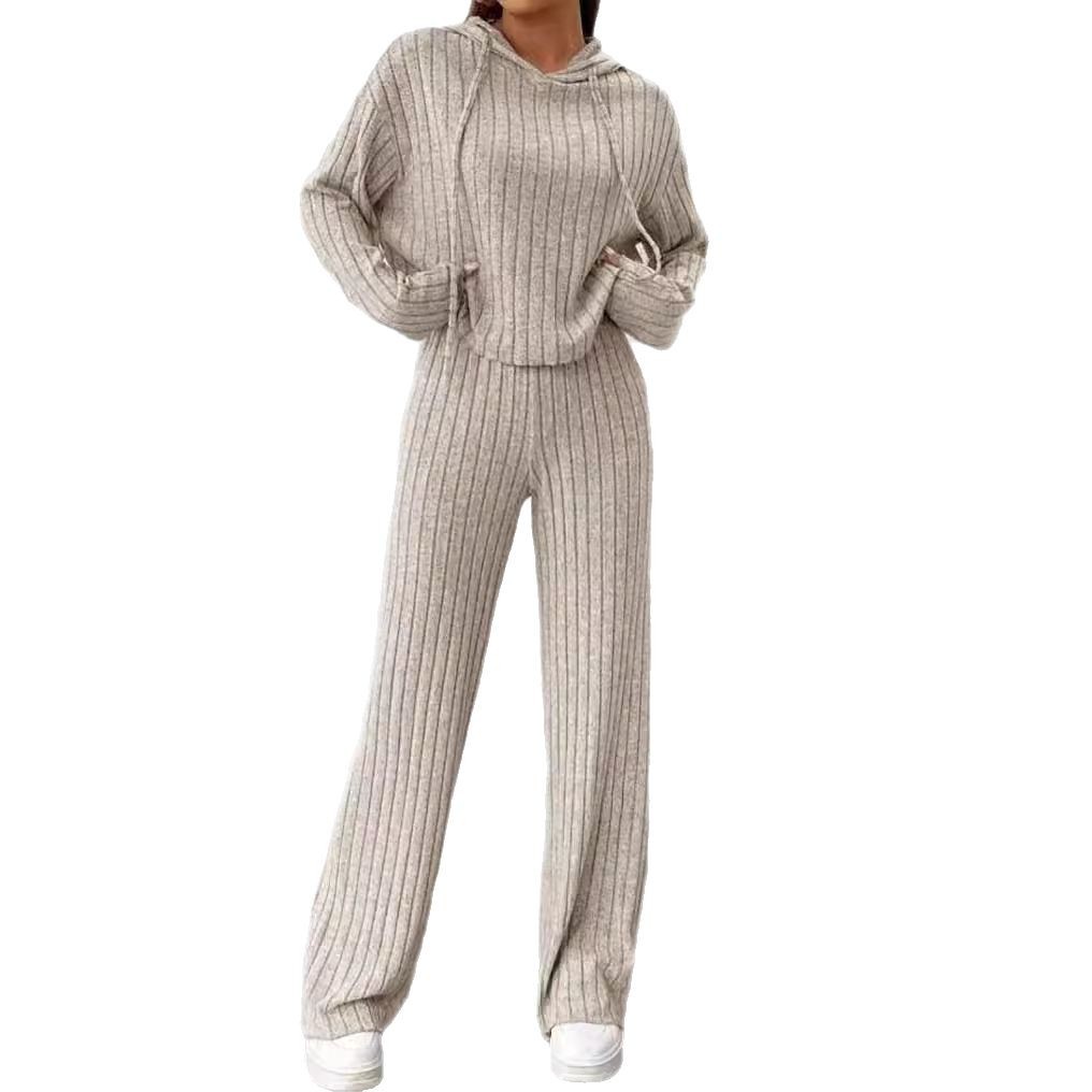 Striped Hooded Knit Sweatsuit Set Long Sleeve Top & Pants Relaxed Fit