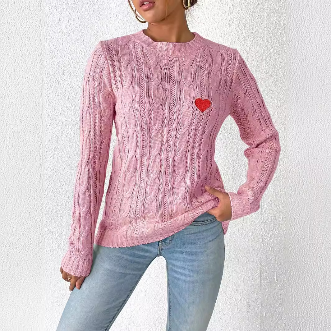 Women's Heart Applique Crewneck Knit Pullover Sweater