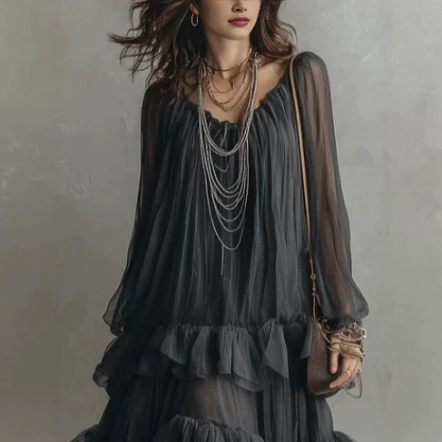 Sheer Chiffon Long Sleeve Tiered Ruffle Maxi Dress