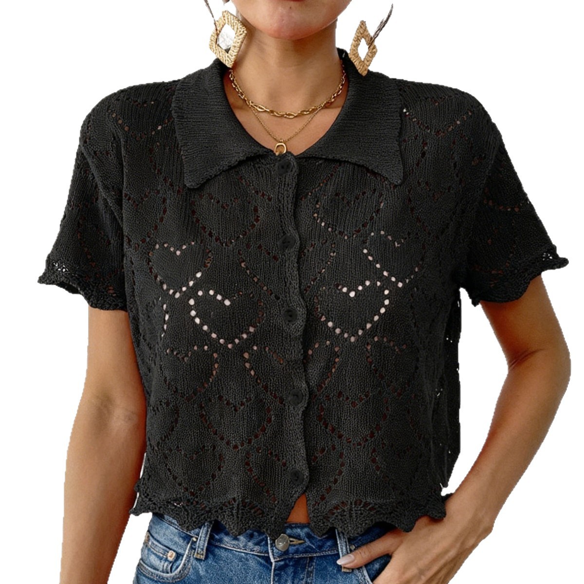 Women's Open Front Cardigan Heart Jacquard Knit Polo Top