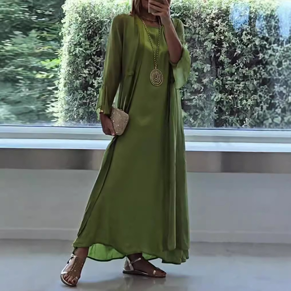 Elegant Solid Color Long Sleeve Dress Set for Women