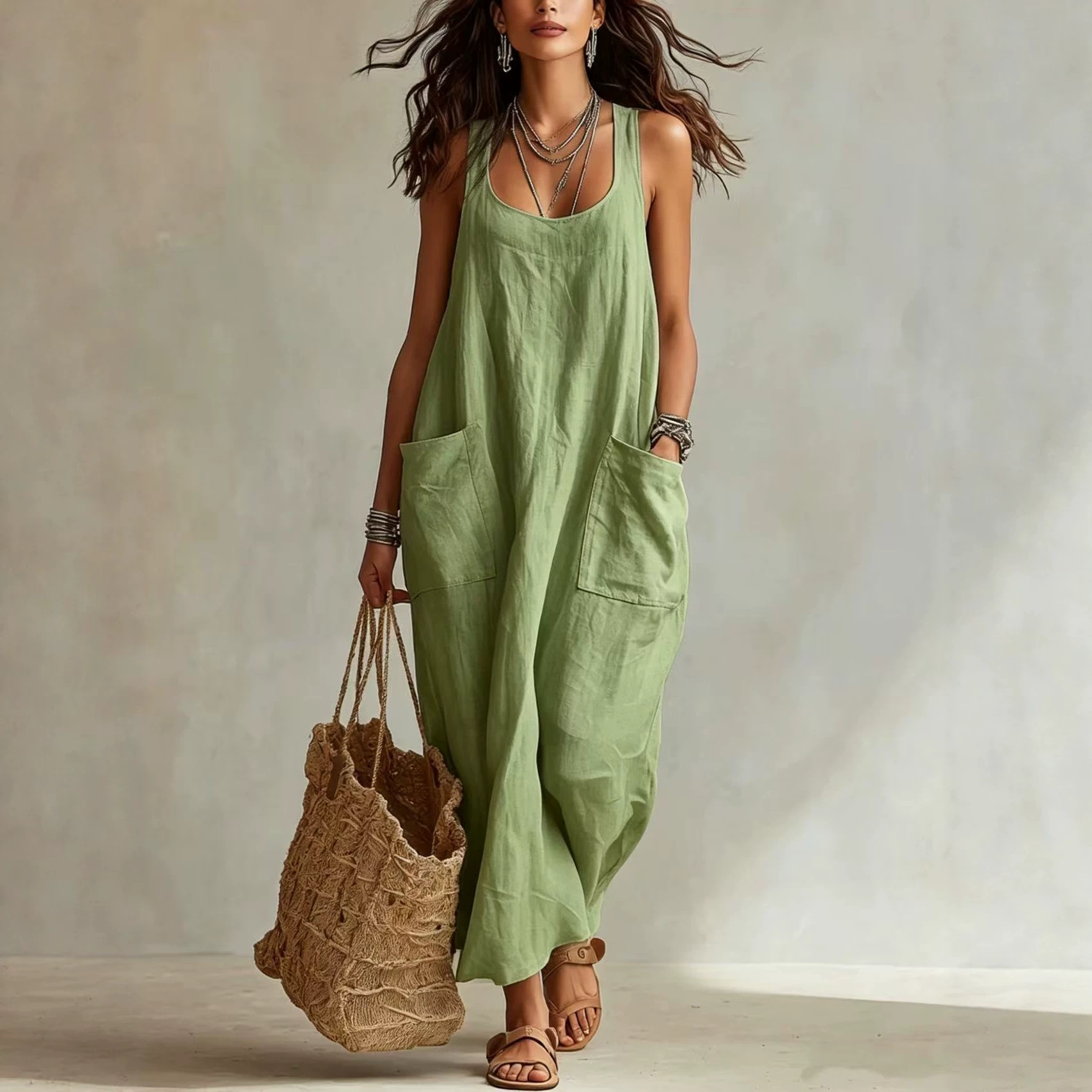 Women's Cotton-Linen Sleeveless Long Dress with Pockets Casual Summer