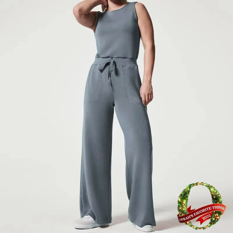 Women's Sleeveless Solid Color Straight-Leg Jumpsuit with Pockets