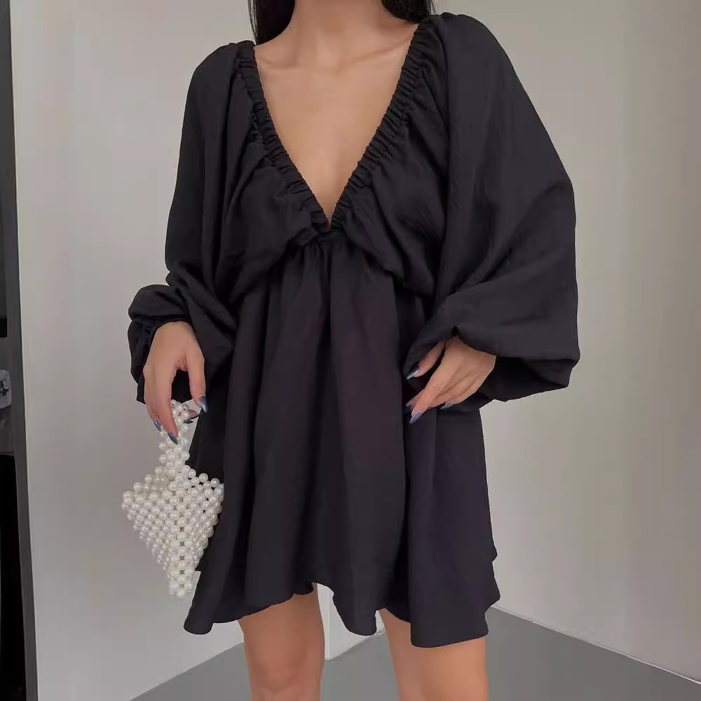 V-Neck Long Sleeve Bubble Sleeve Flared Dress