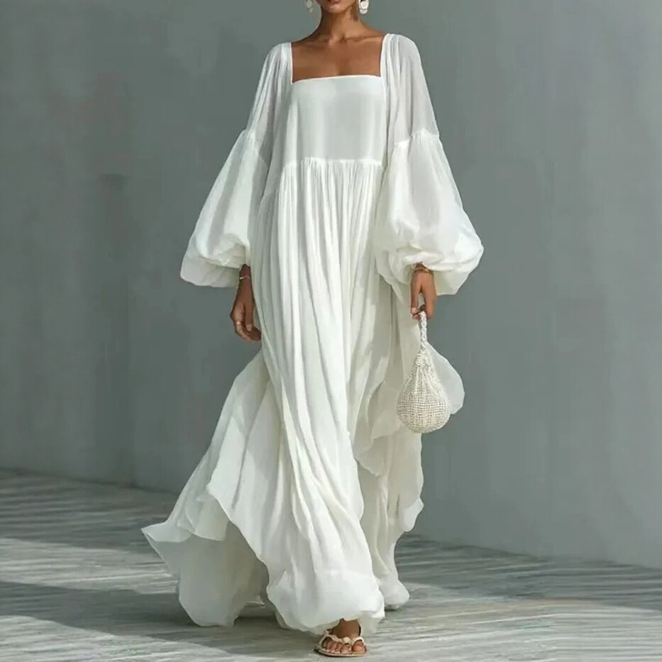 Square Neck Lantern Sleeve Flowy Maxi Dress