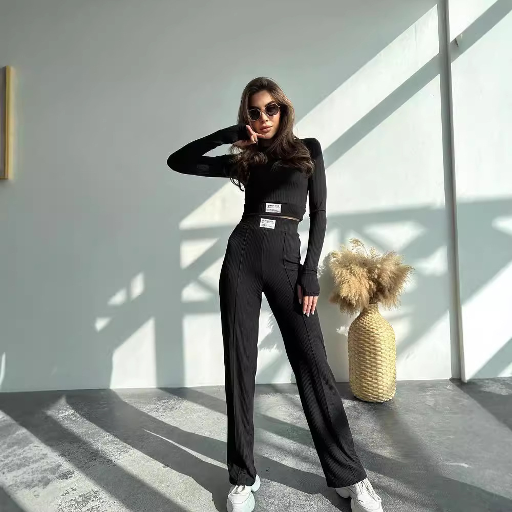 Casual Long-Sleeve Patchwork Pants Set Basic Commuter Two-Piece