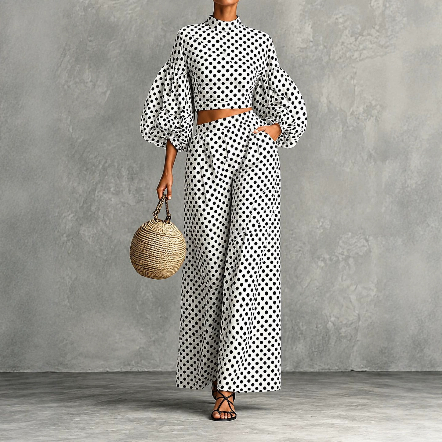 Polka Dot Lantern Sleeve Crop Top & High-Waist Wide-Leg Pants Two-Piece Set