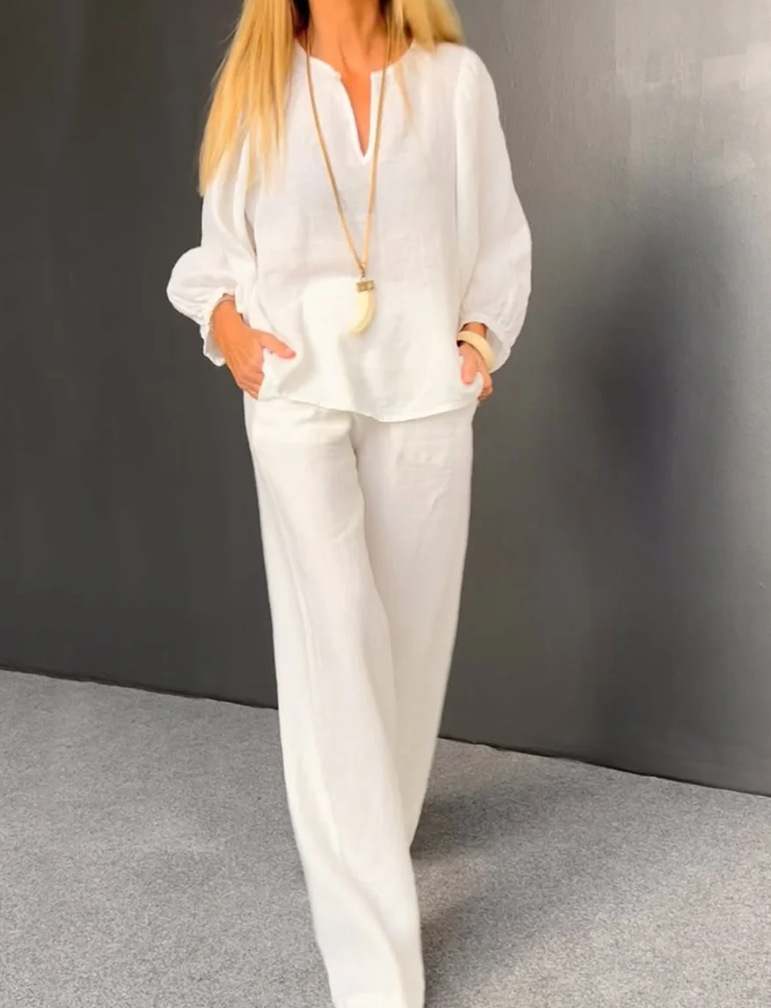 Women's Cotton-Linen V-Neck Long-Sleeve Top & Straight-Leg Pants Set