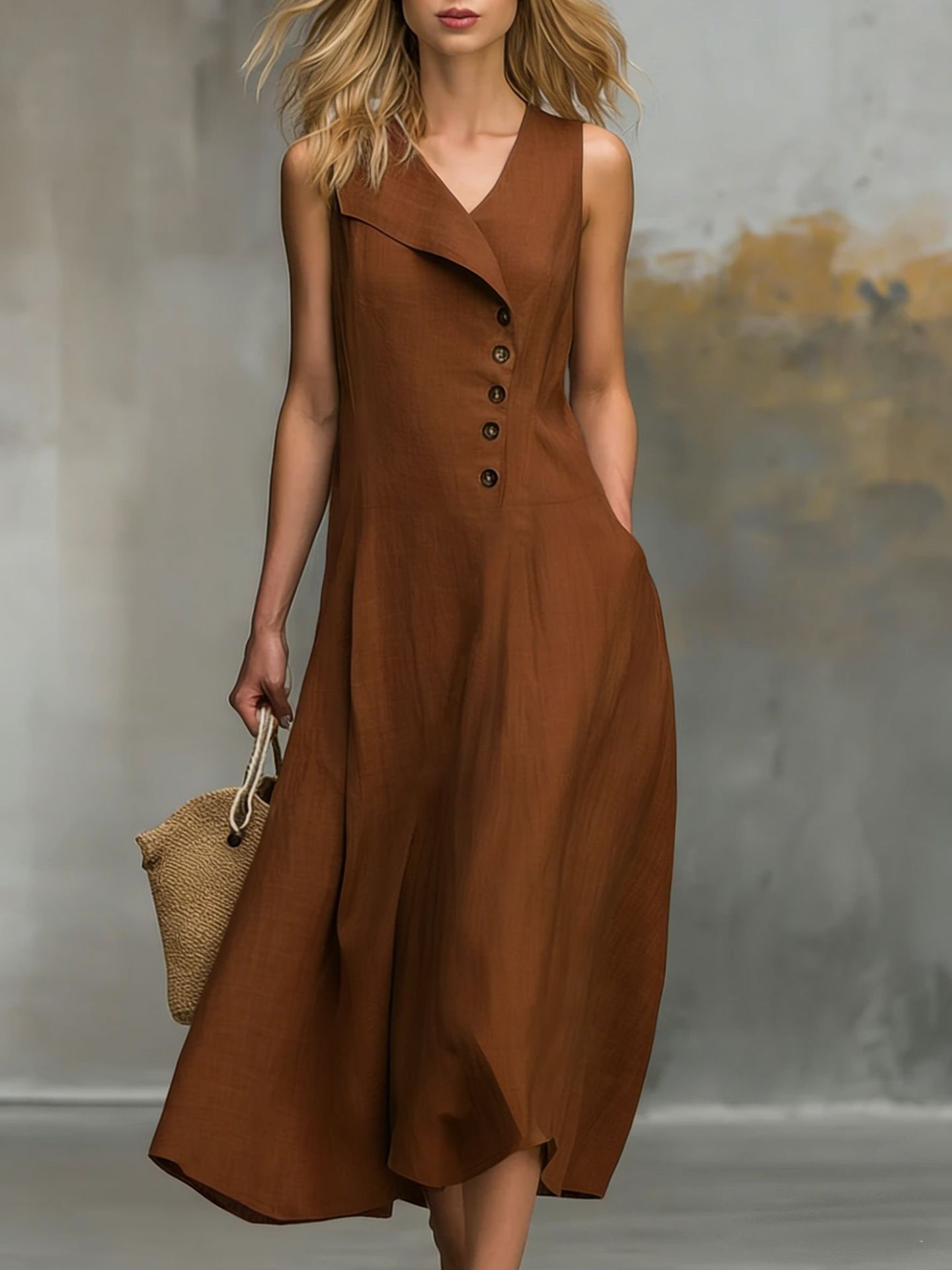 Women's Sleeveless Button-Front Collared Dress Solid Color Cinched Waist