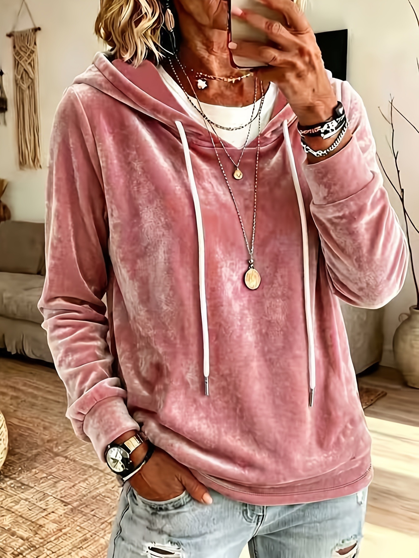 Women's Elegant Solid Velvet Hooded Long-Sleeve Top Sky Blue