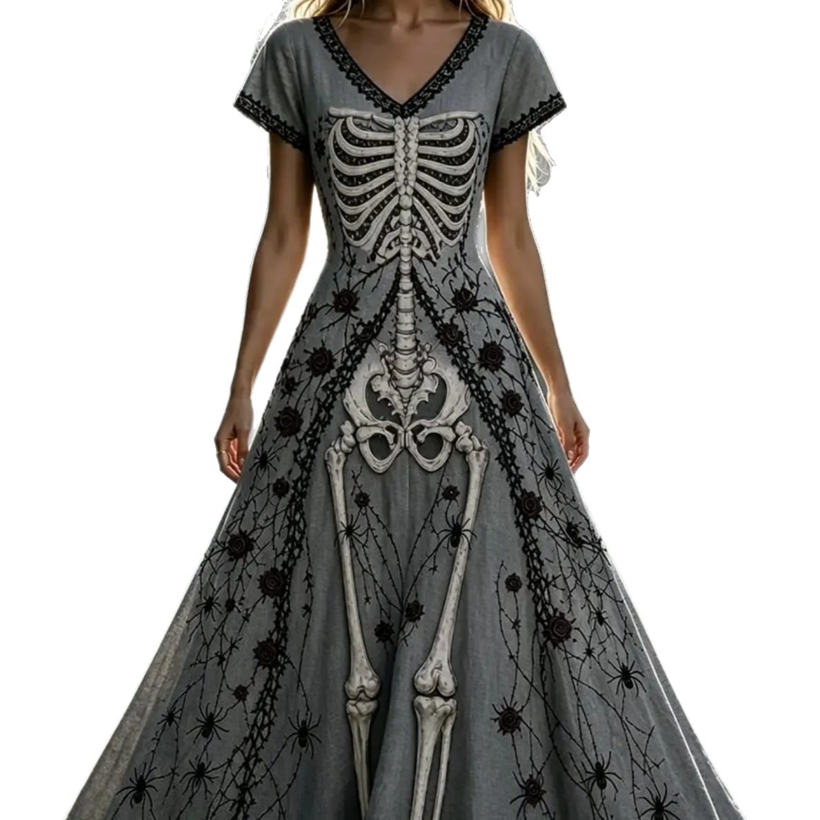Women's Floral Skeleton Halloween Print Casual Midi Dress