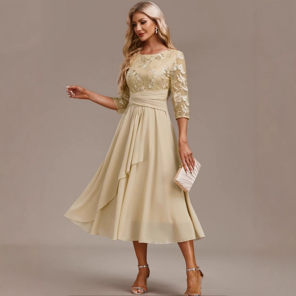 Women's Round Neck Lace Panel Chiffon Long Dress