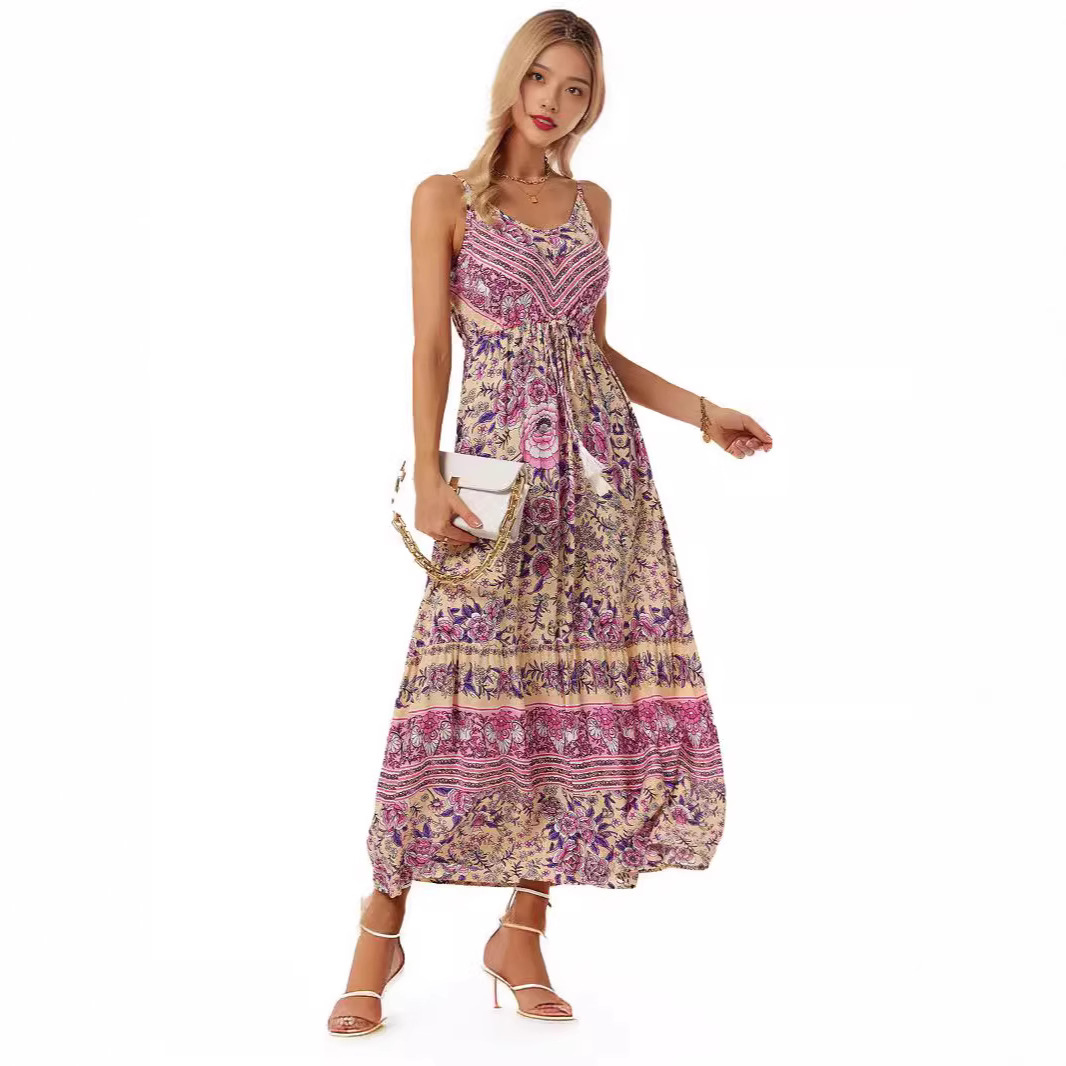 Bohemian Printed Sleeveless V-Neck A-Line Maxi Dress with Tassels