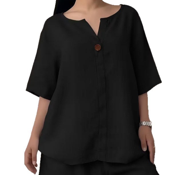 V-Neck Button-Trim Short-Sleeve Shirt and Shorts Two-Piece Set