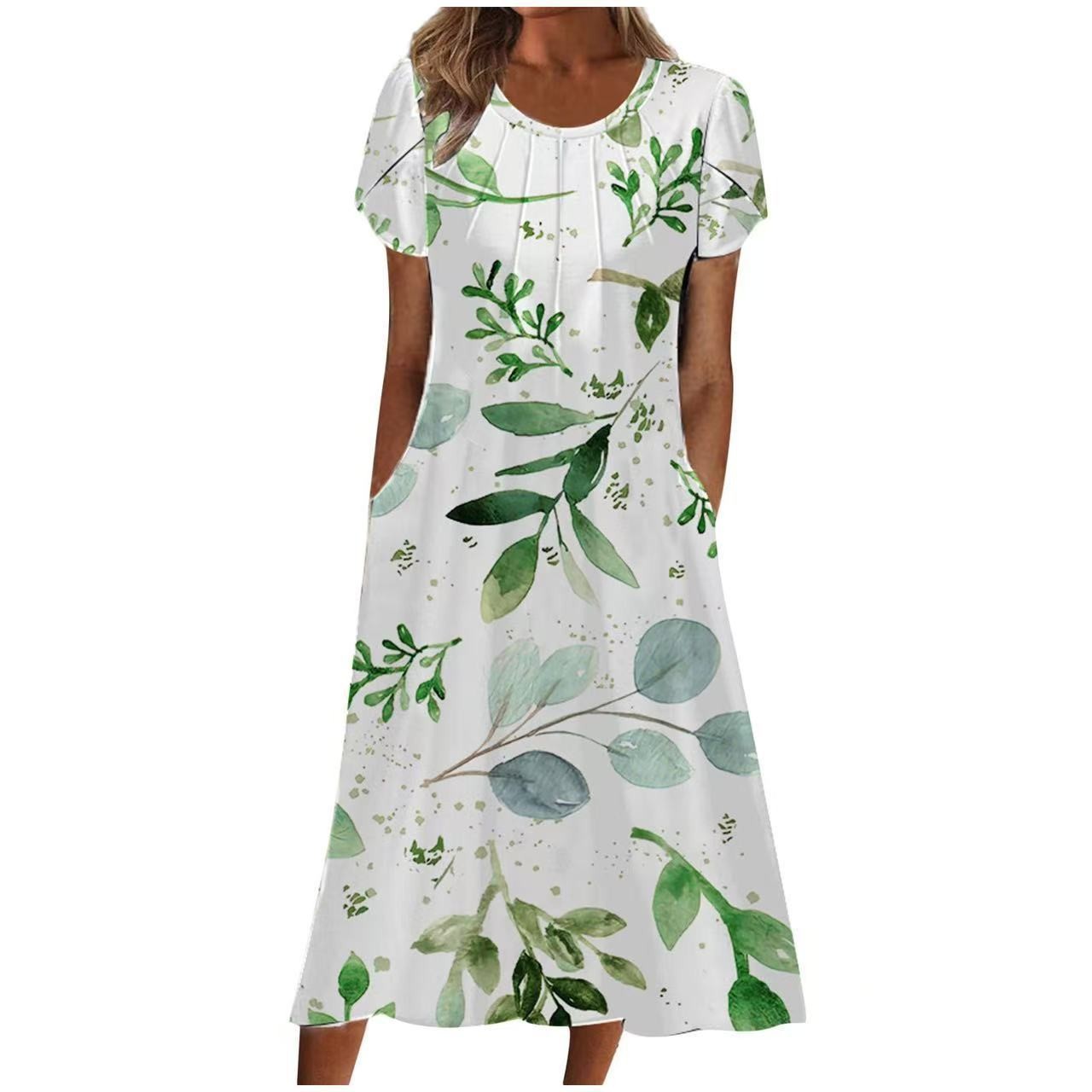 Women's Floral Print Round Neck A-Line Midi Dress with Pockets