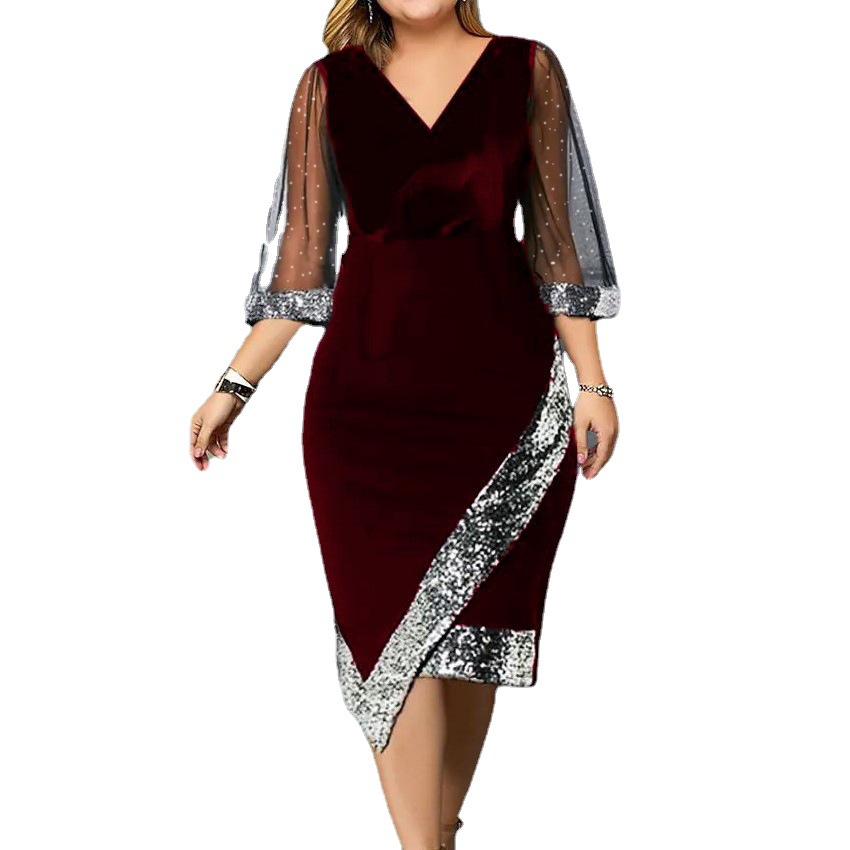 Gold Velvet Asymmetric Sequin Sheer Mesh Women's Dress