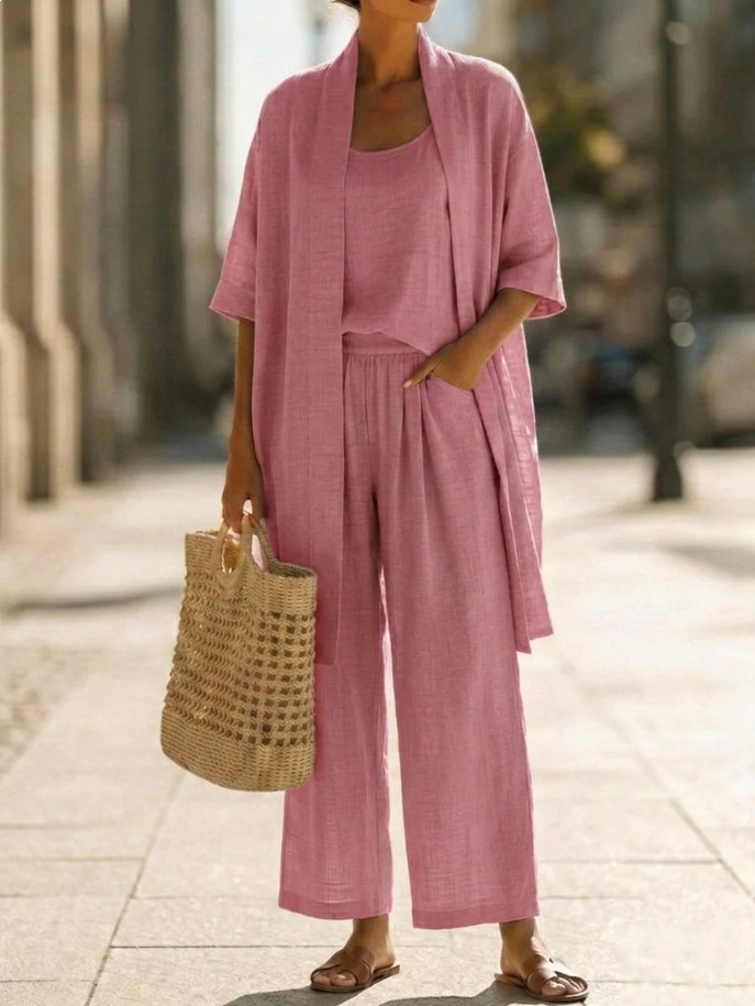 Women's Summer Straight-Leg Solid Color 3-Piece Pants Set