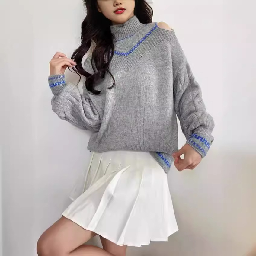 Women's Turtleneck Cold-Shoulder Wool Sweater