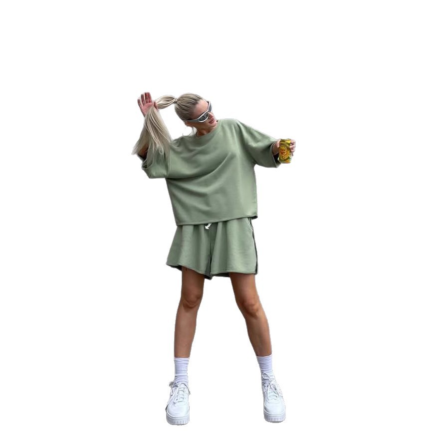 Women's Solid V-Neck Short Sleeve Button Shorts Two-Piece Set