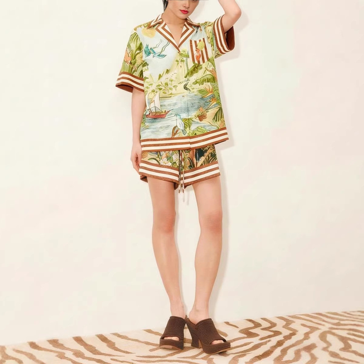 Boho Print Two-Piece Shirt and Shorts Set