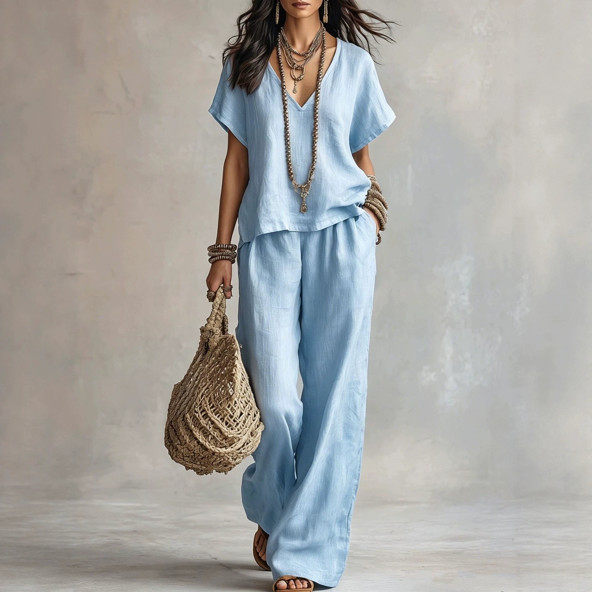 Women's Casual Solid V-Neck Short Sleeve Top & Pants Two-Piece Set