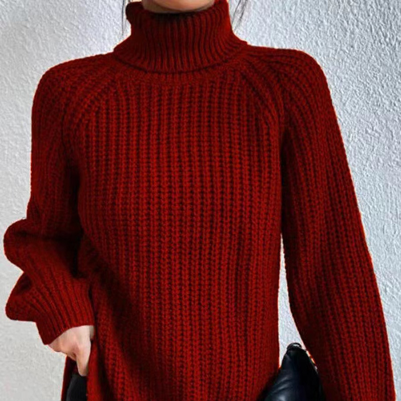 Women's High Neck Midi Knit Sweater with Raglan Sleeves and Side Slit