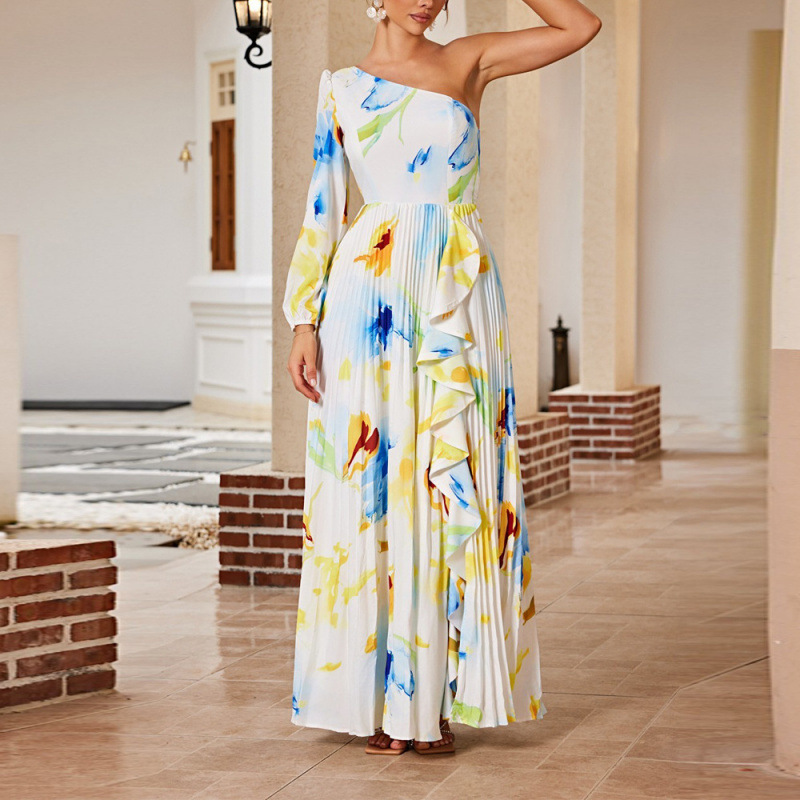 Women's Floral Print Off-Shoulder Long Dress with Irregular Slit and Pleated Details