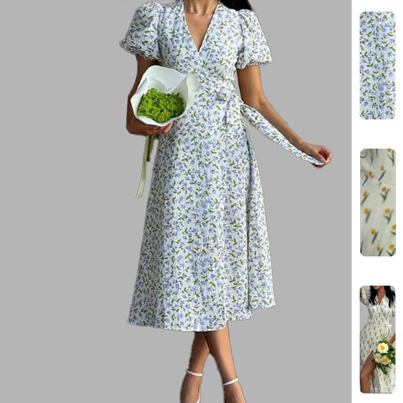 Floral Print Puff Sleeve High Waist Long Dress