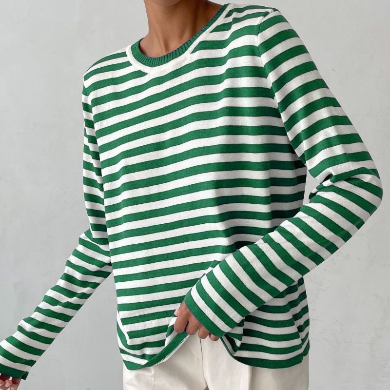 Women's Striped Crewneck Knit Sweater Retro Pullover