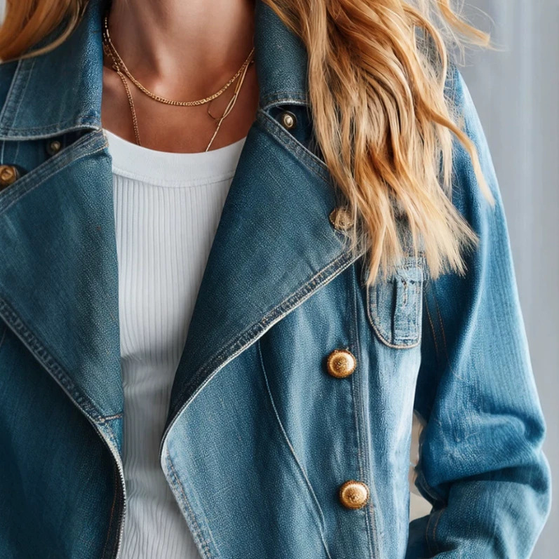 Women's Cropped Slim Fit Denim Jacket with Gold Buttons