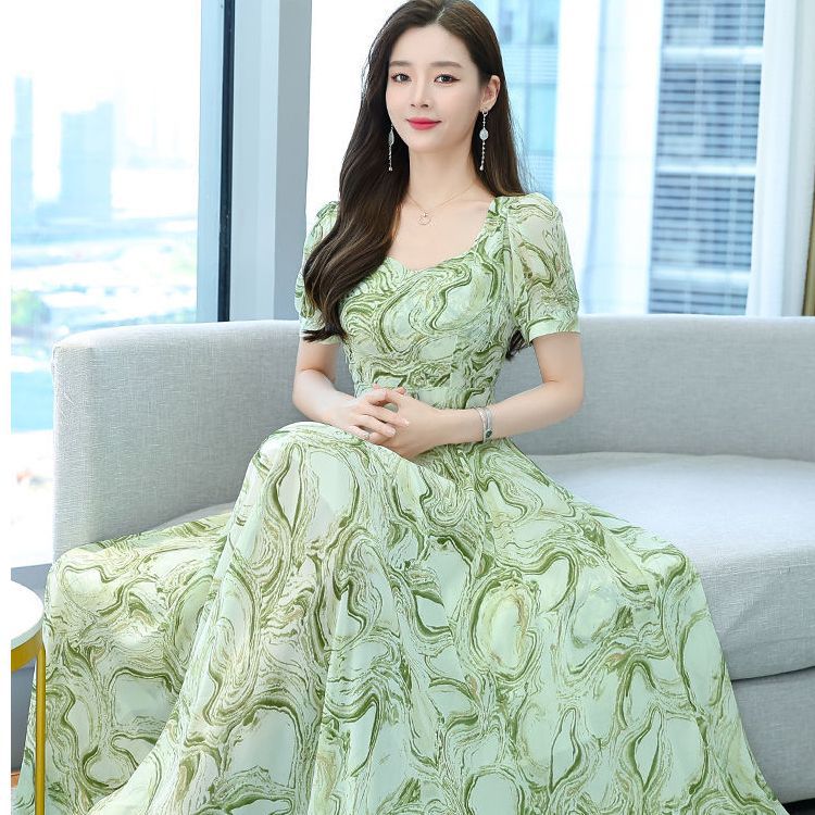 Floral Midi Dress Short Sleeve Square Neck Slimming A-Line