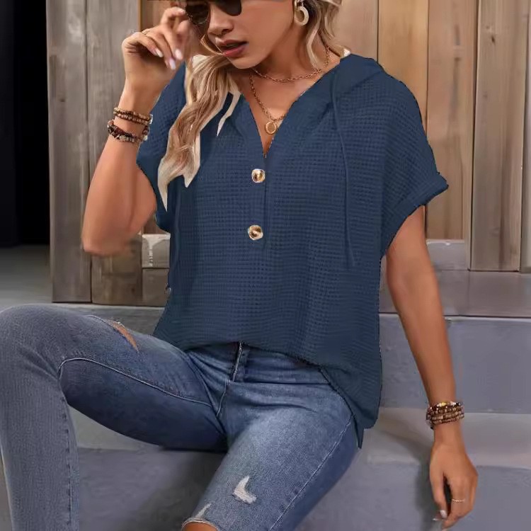 Women's Solid Button Short-Sleeve Top
