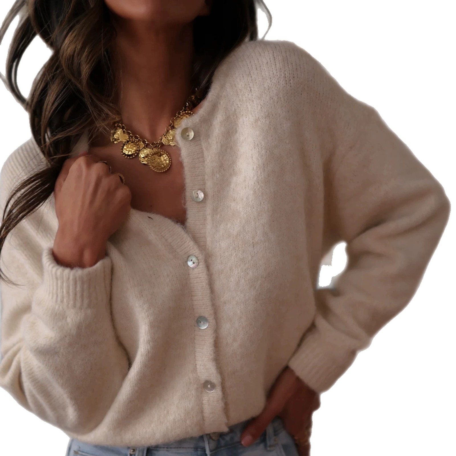 Women's Fuzzy Knit Cardigan Loose Crewneck Single-Breasted Long-Sleeve Sweater Coat