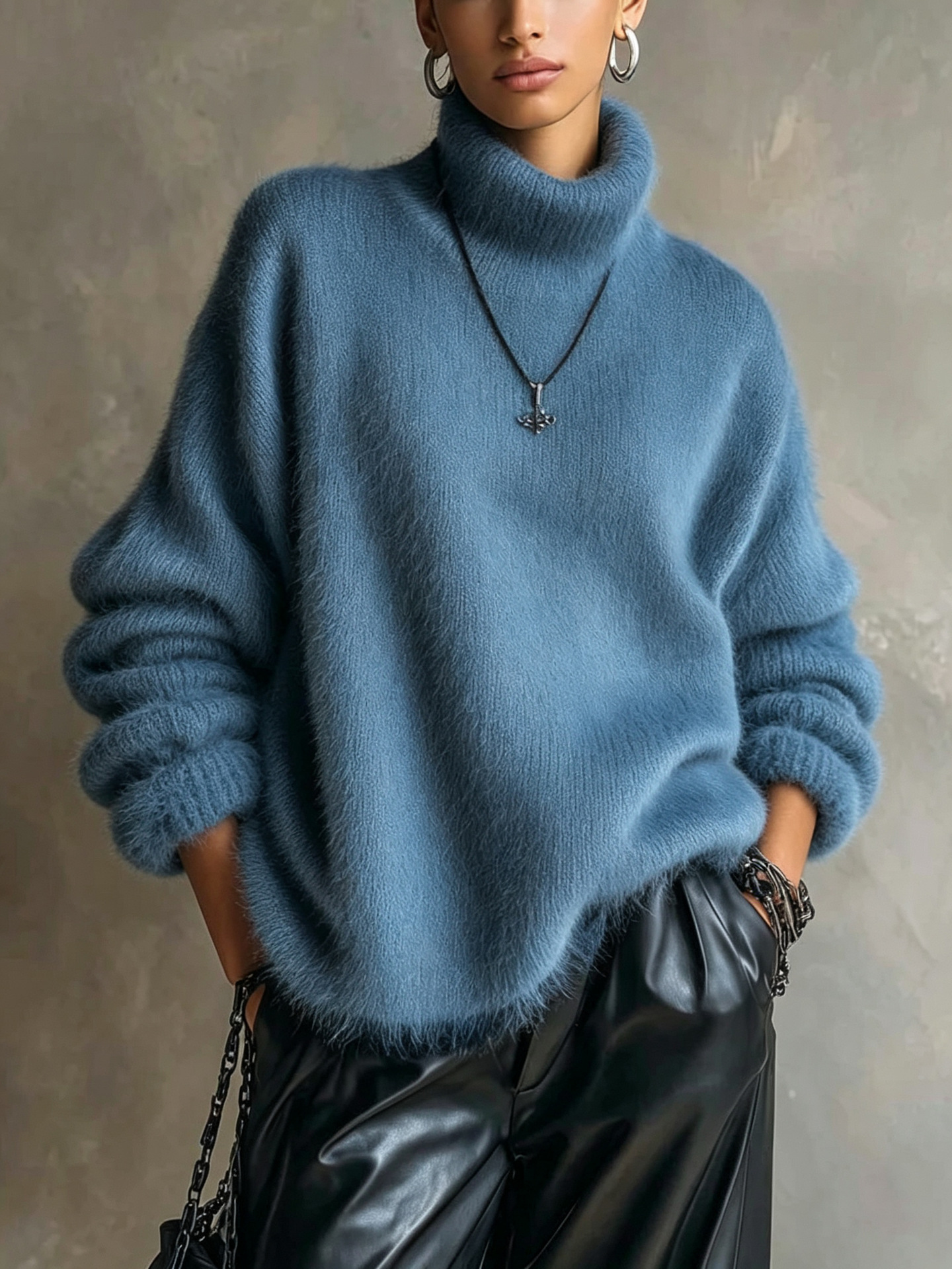 Women's Oversized Fuzzy High-Neck Knit Sweater