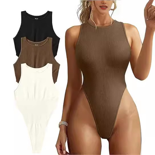 Women's Ribbed Sleeveless Halter Bodysuit Sexy High-Cut