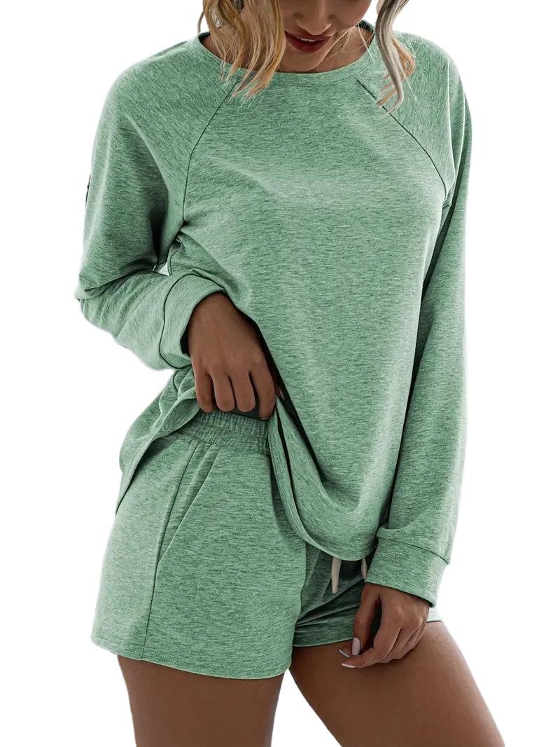 Women's Solid Color Two-Piece Lounge Set Long Sleeve Crewneck Top and Shorts