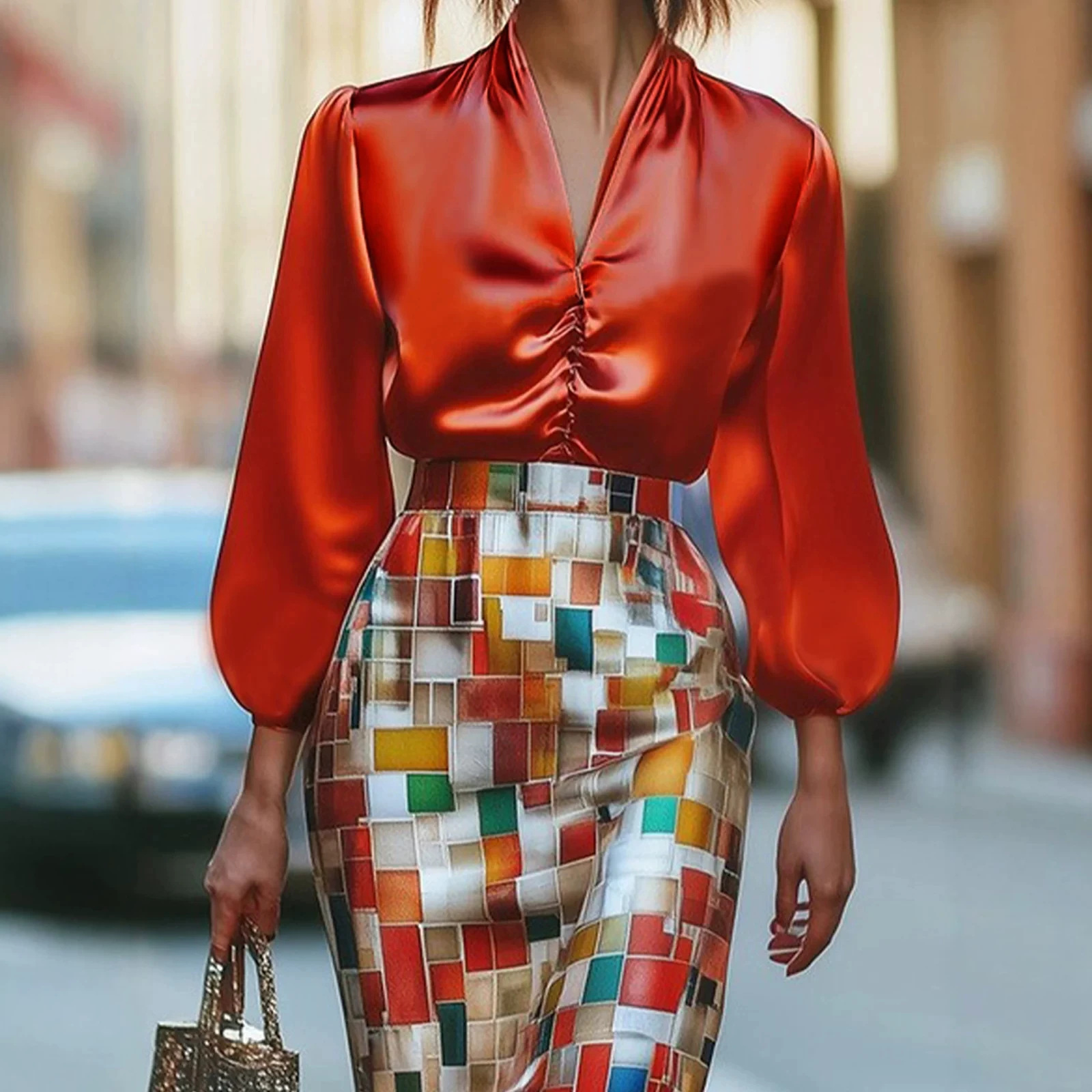 Geometric Print Slim Fit Long Sleeve Top and Pants Set