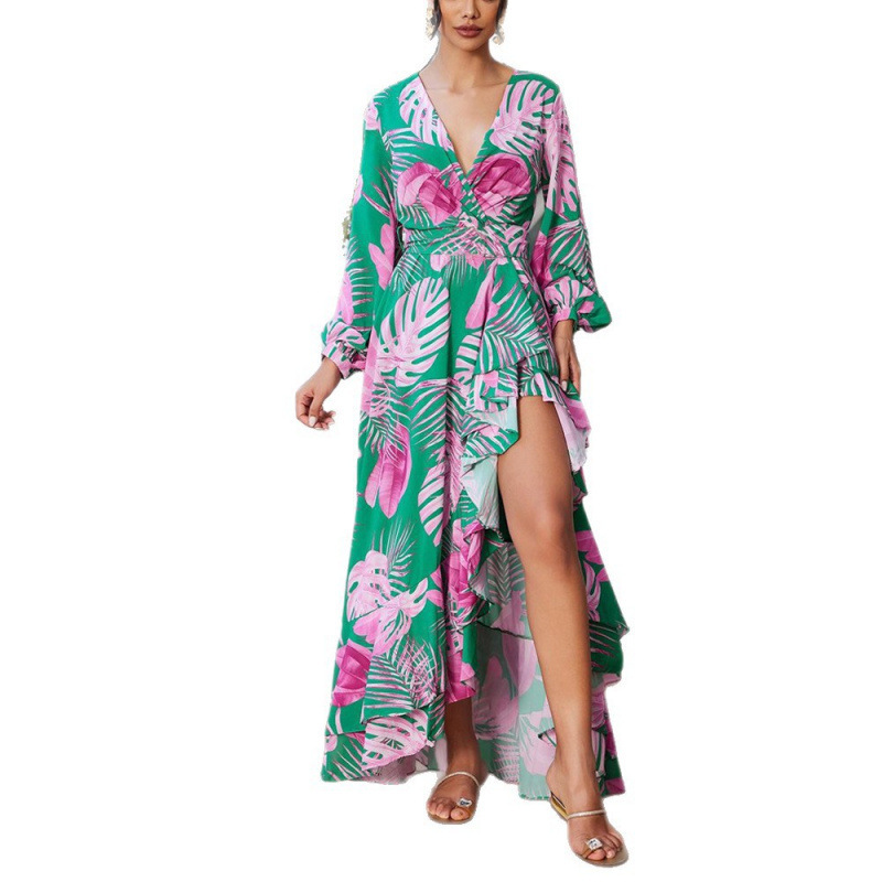 Floral Print V-Neck High-Waist Long Dress