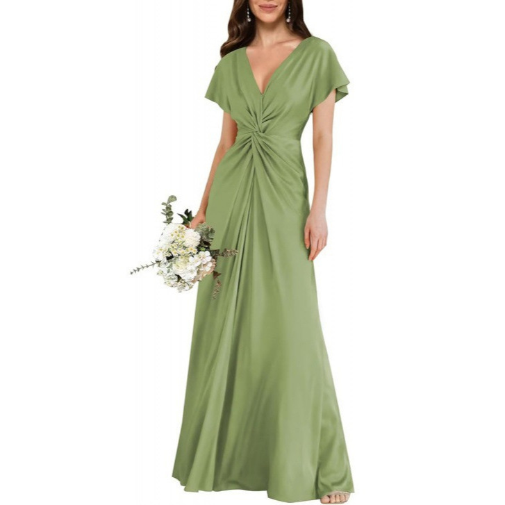 Satin Short Sleeve A-Line Dress V-Neck Midi Formal Party Bridesmaid