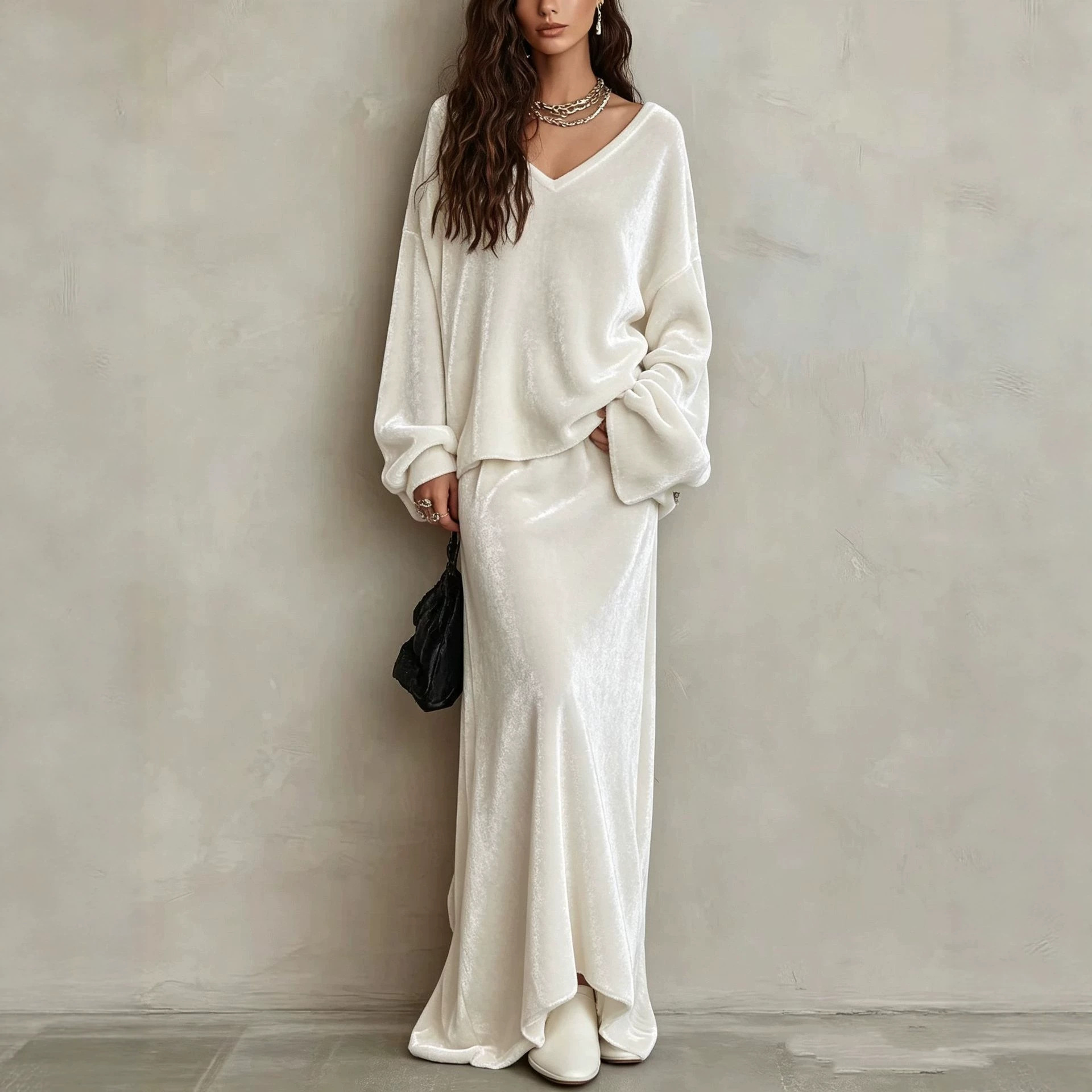 Solid Velvet V-Neck Long Sleeve Women's Skirt Set