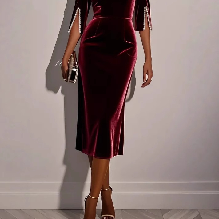 Solid Beaded Slim-Fit Midi Dress with Waist-Cinching