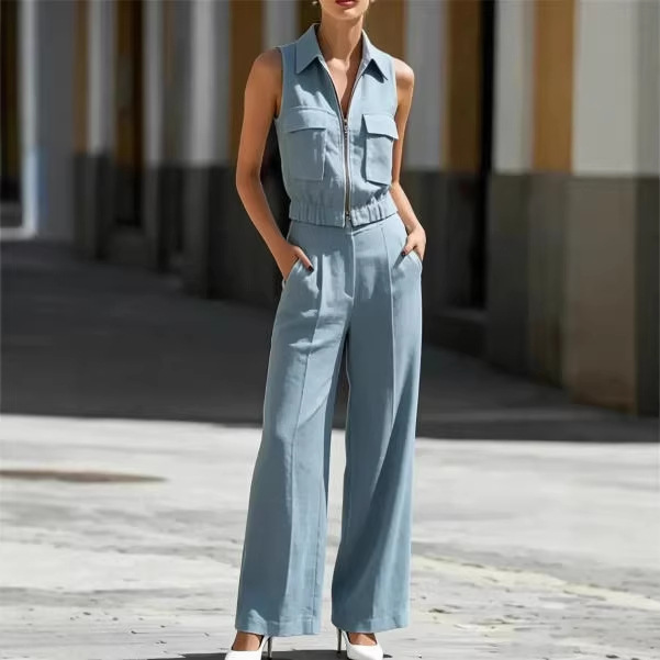 Women's Sleeveless Zip Cargo Top & Wide-Leg Pants Set